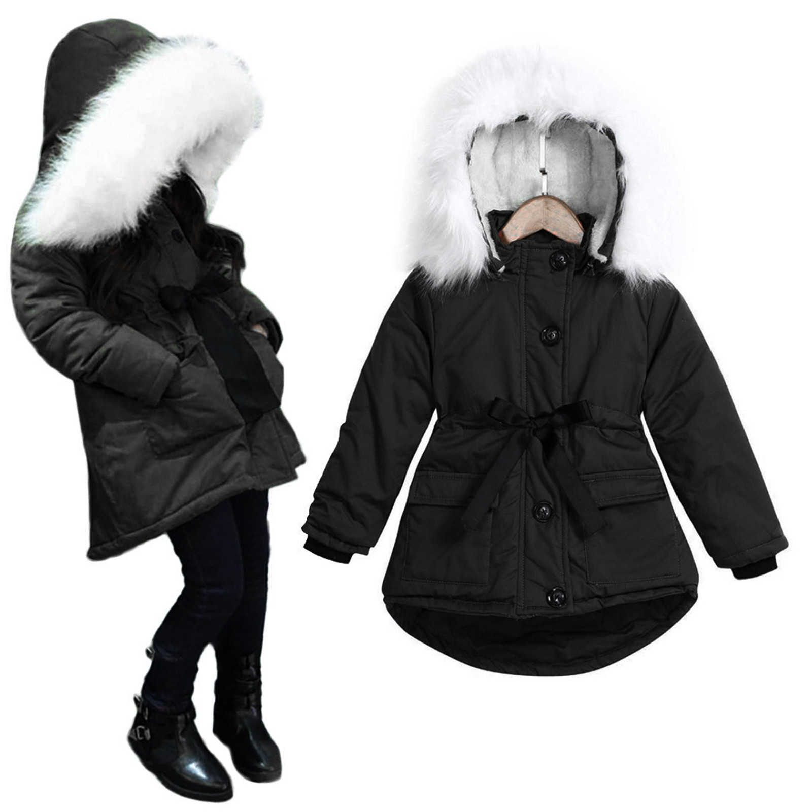 TAIAOJING Toddler Baby Girls Thick Coat Fur' Hooded Tops Jacket Padded Coat Kids Long Thick Warm Jacket Snow Clothes 4-5 Years